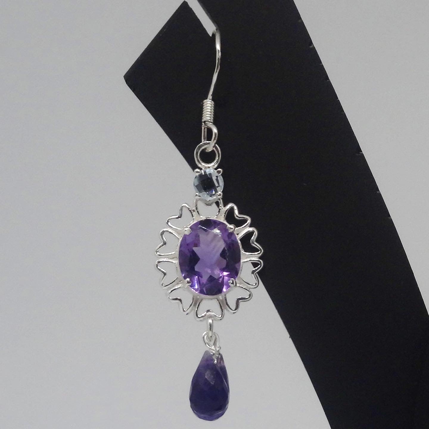Amethyst Oval with Drops Silver Earrings