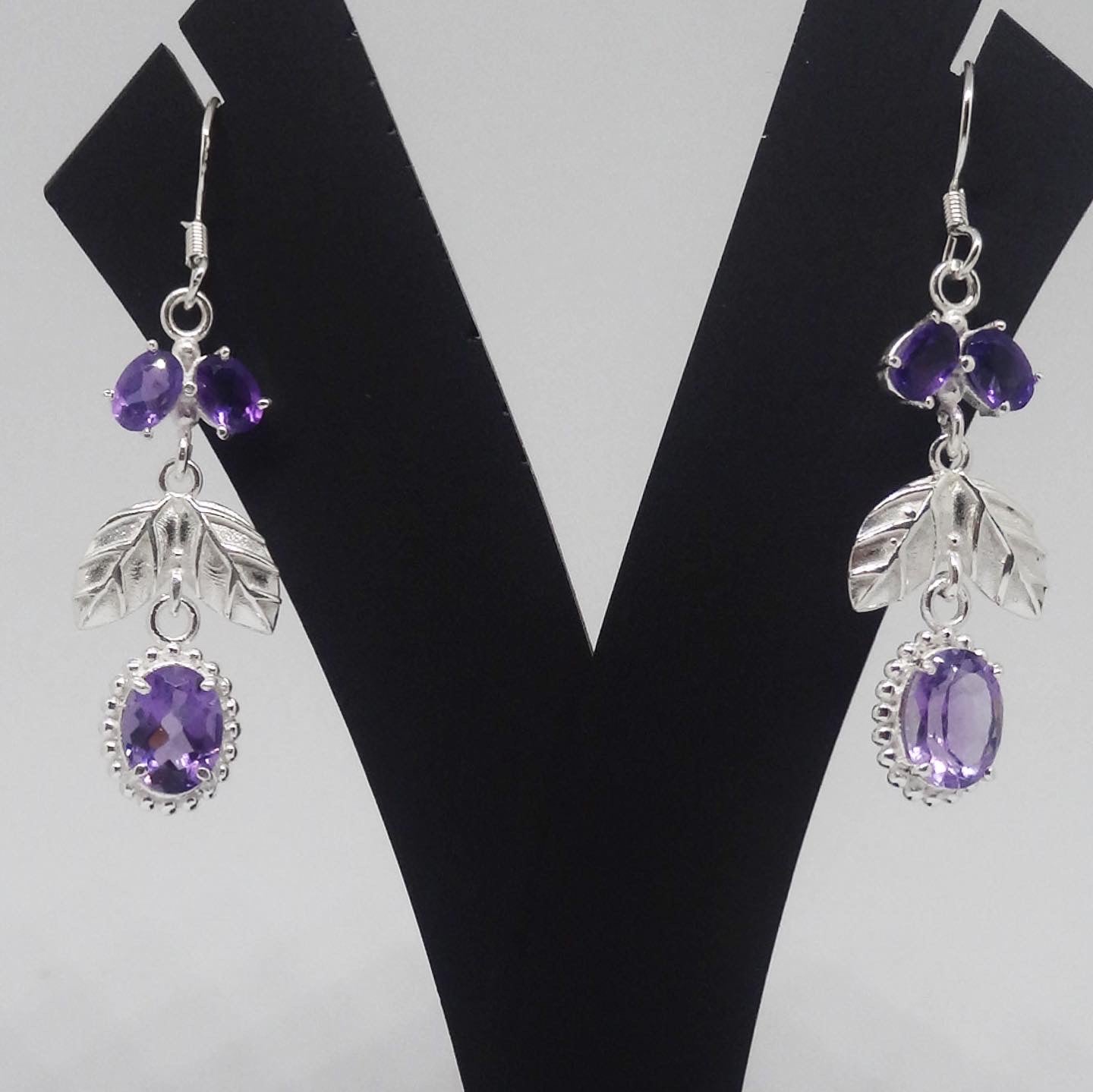 Amethyst Earrings With Silver Leaves