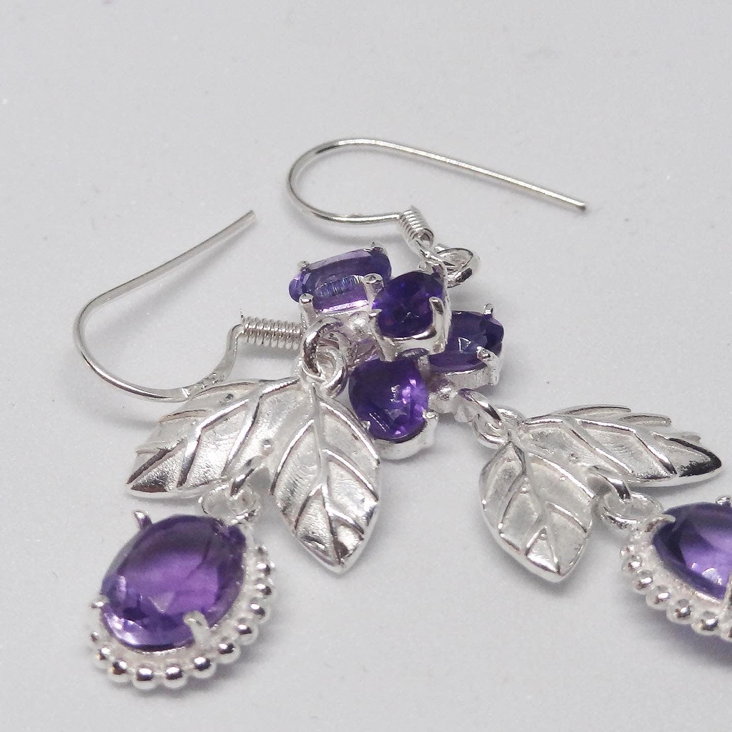 Amethyst Earrings With Silver Leaves
