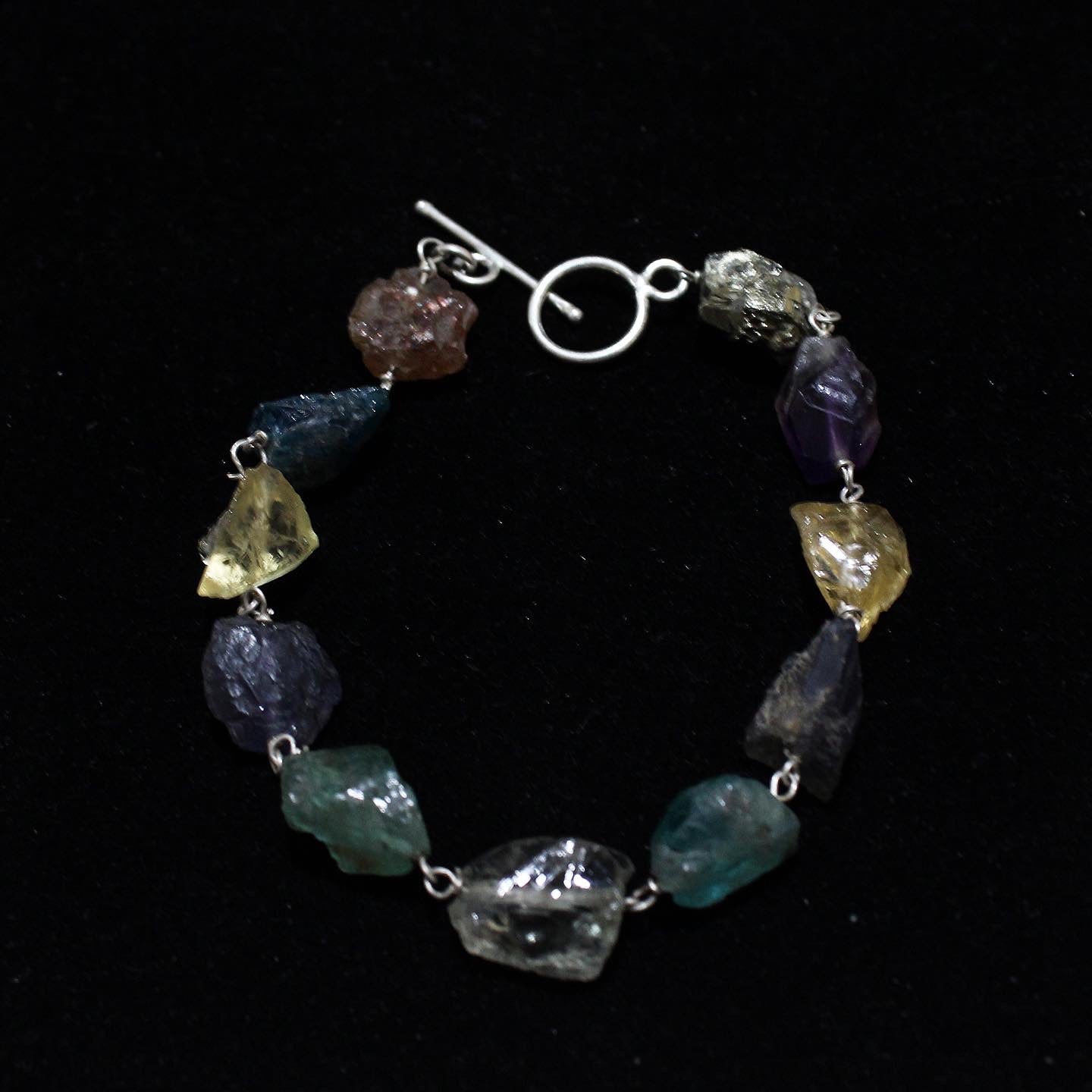925 Silver Bracelet with Rough Cut Precious Stones