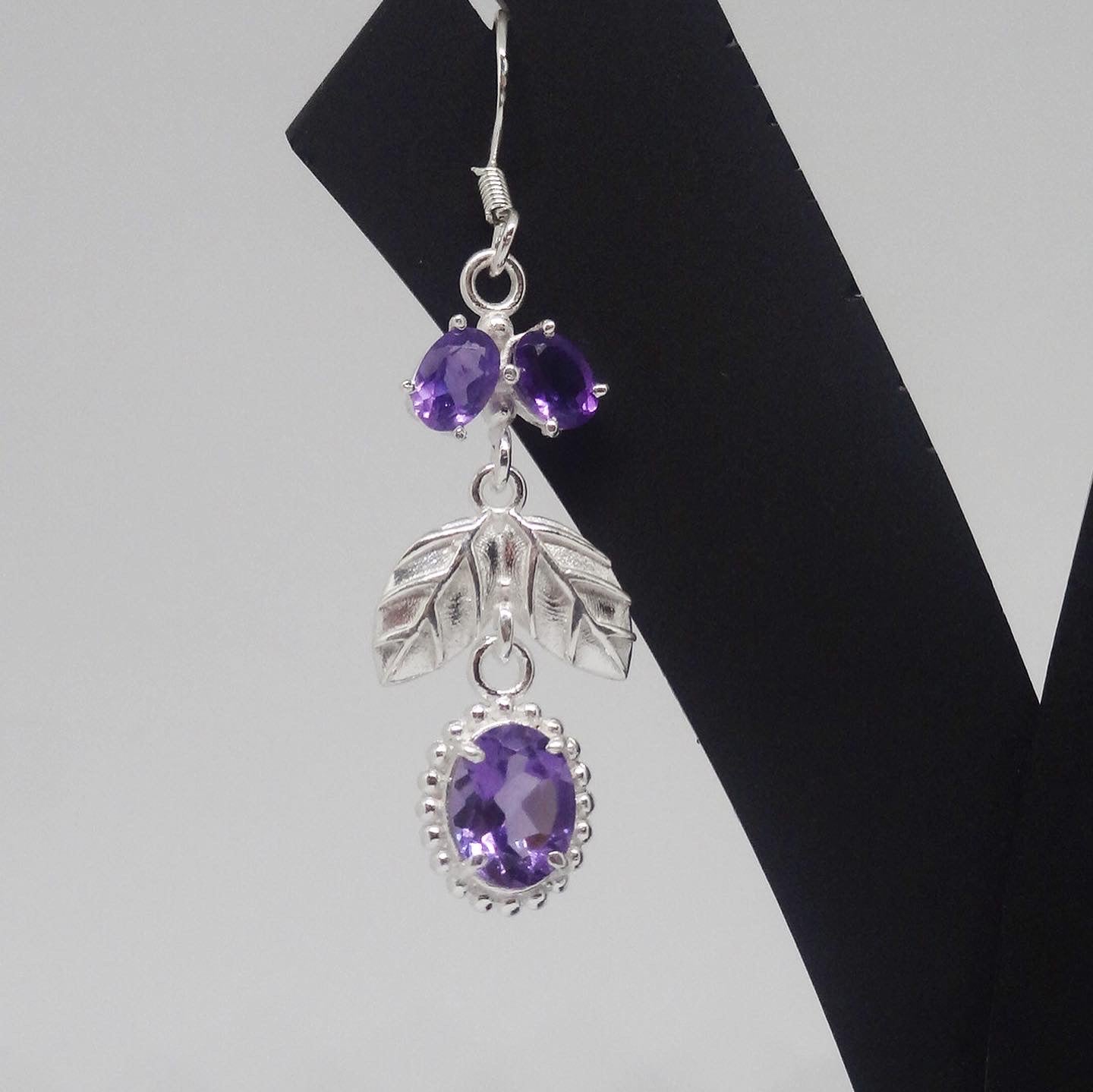 Amethyst Earrings With Silver Leaves