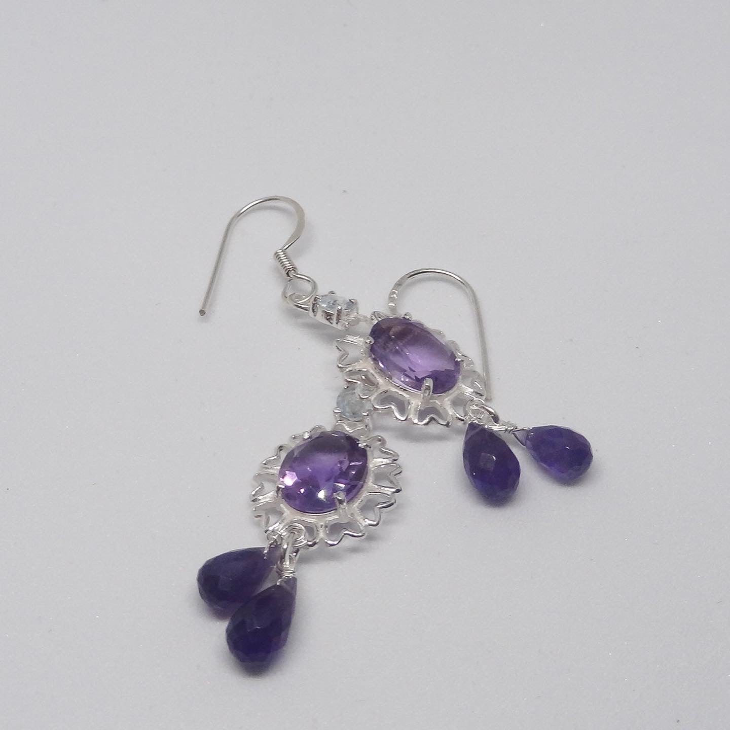 Amethyst Oval with Drops Silver Earrings